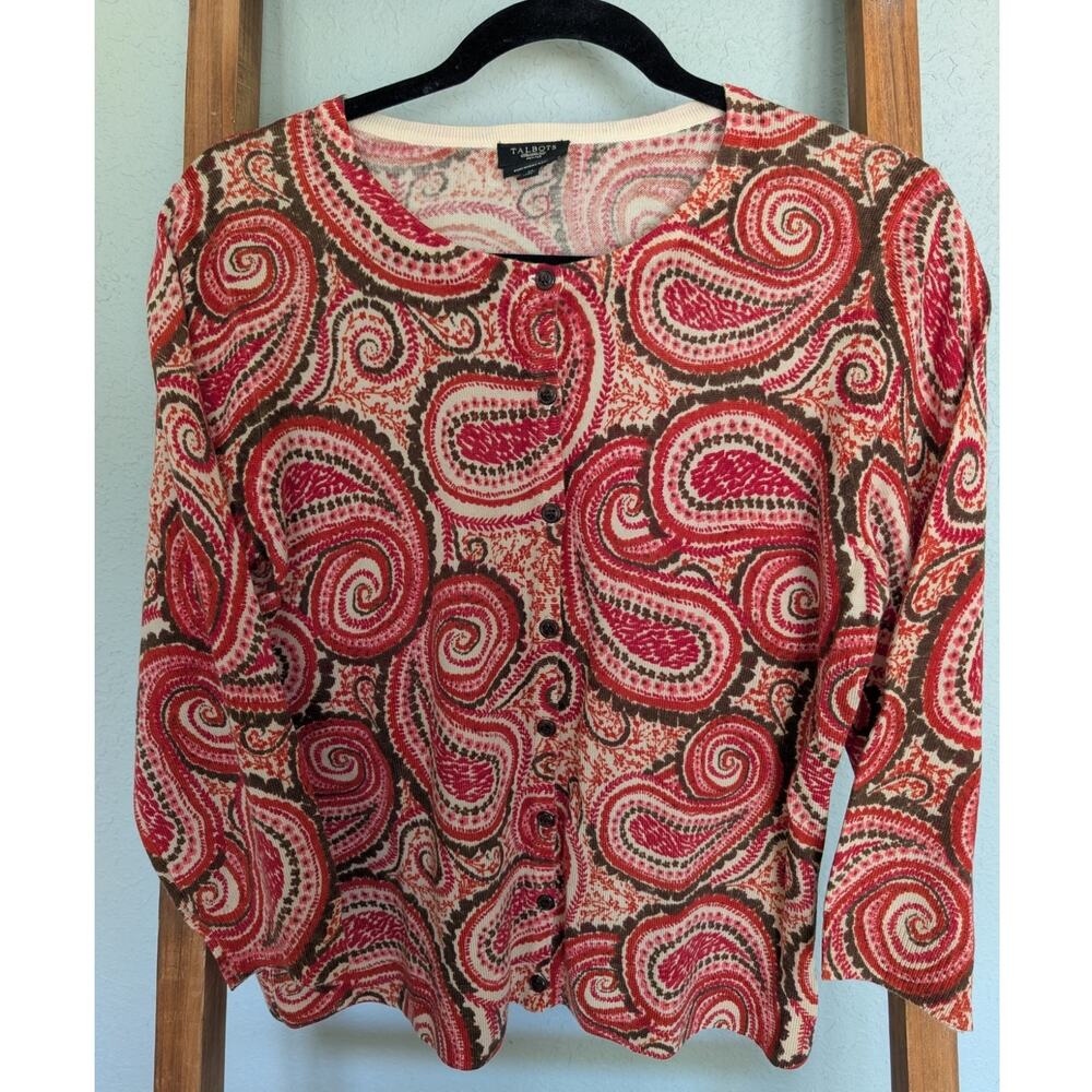 Vintage 70s Vibe Red & Brown Paisley Merino Wool Cardigan Fitted 3/4 Sleeve